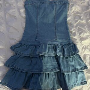 Denim Strapless Ruffle Dress